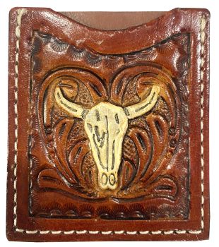Stick On Steer Head Tooled Leather Cell Phone Card Wallet